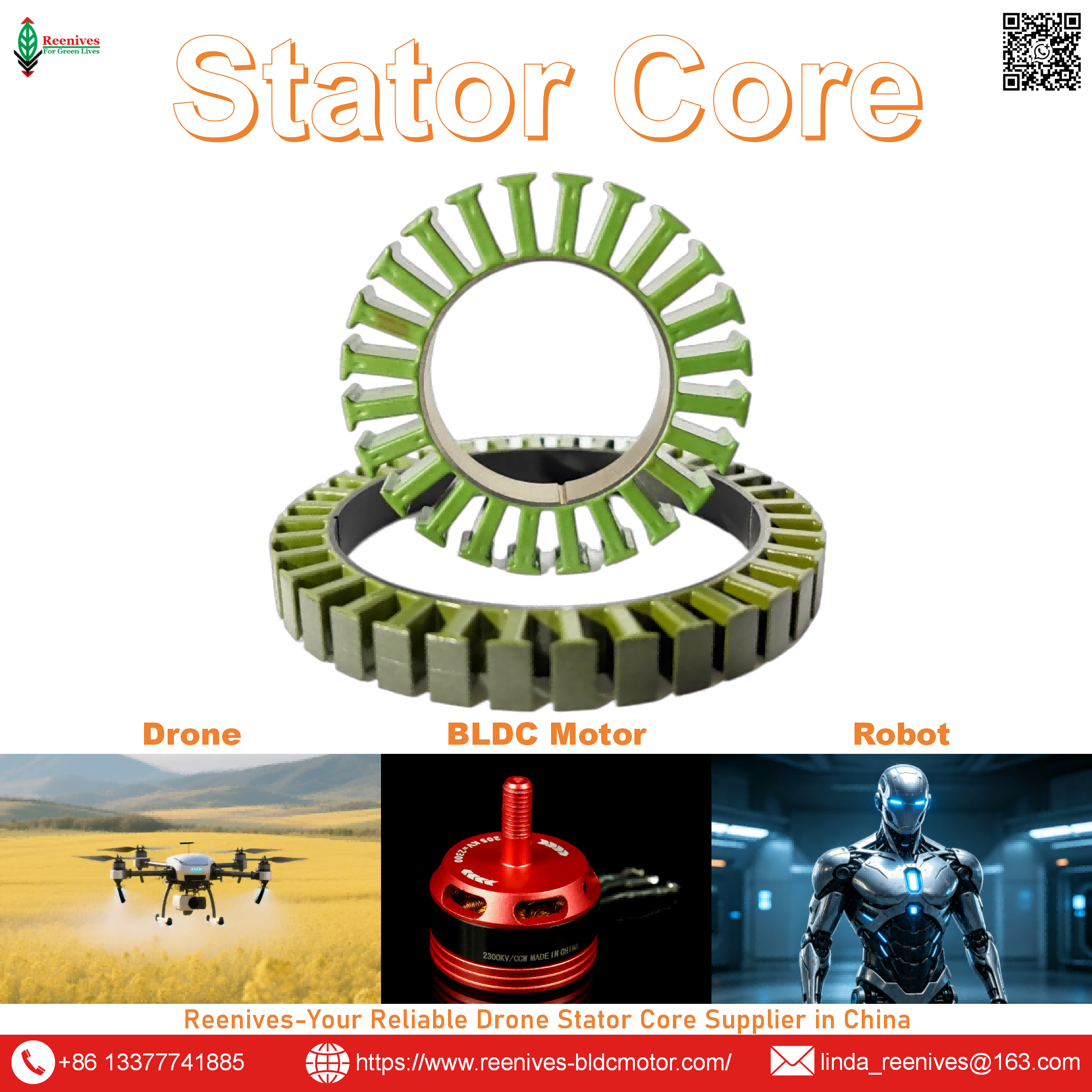 Precision 10 kW BLDC stator stacks. For cargo drones, air taxis, industrial drives. Fast sampling. Leading China supplier. Reenives.